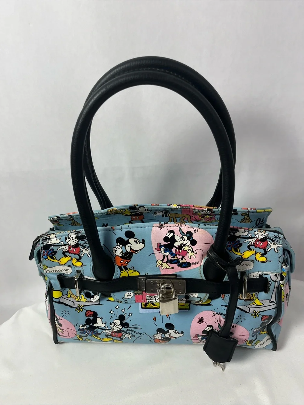 Disney Blue Mickey & Minnie Cartoon Satchel with Black Trim